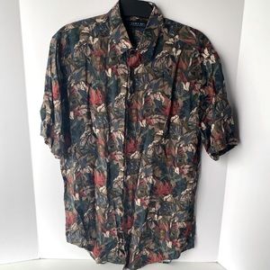 Zara Man Small Brown Leaf Print Casual Button Down Shirt